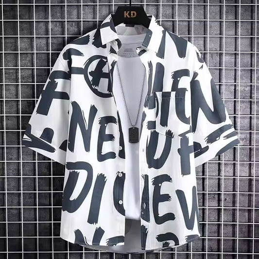 Summer Japanese Letter Printed Short-sleeved Shirt for Men's Trendy Casual Half-sleeved Shirt Loose and Versatile Shirt