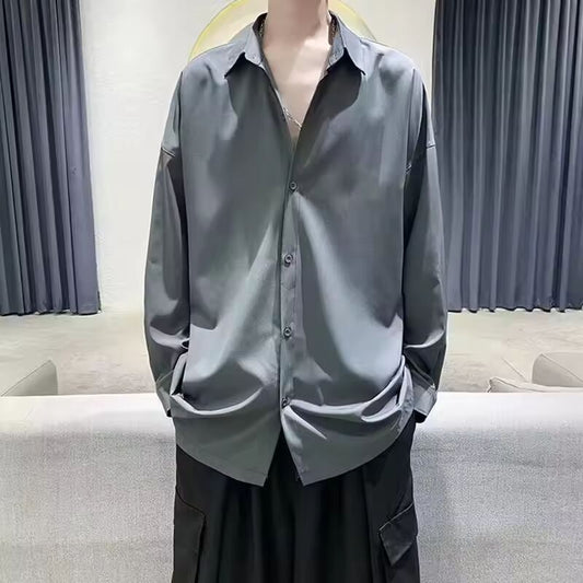 1pcs Spring Autumn Thin Men Long Sleeve Shirt Man Ice Silk Loose Style Shirt Male Fashion Casual Lapel Button-down Shirt Men Top