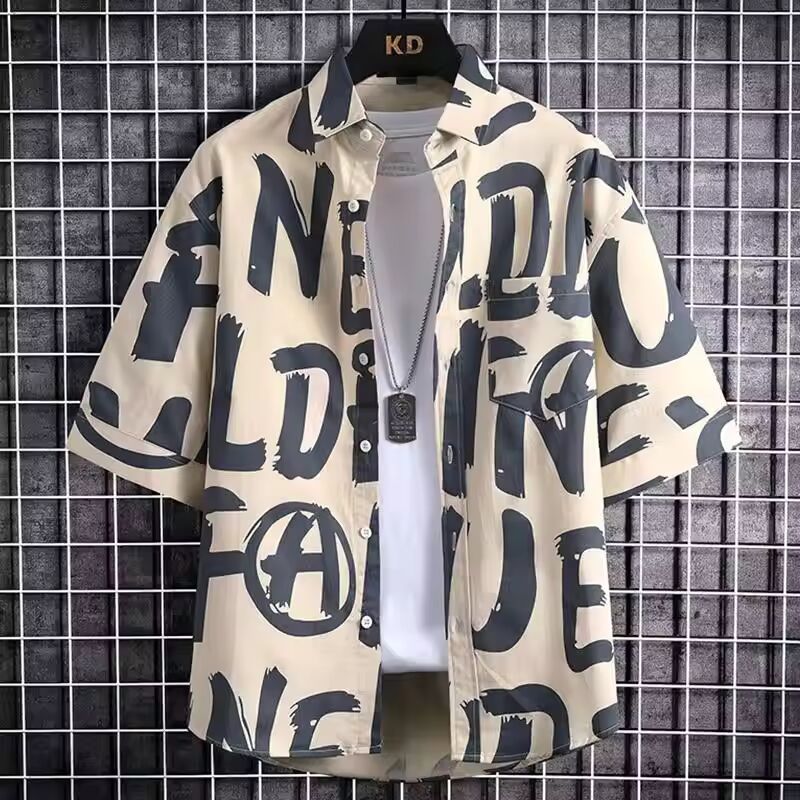 Summer Japanese Letter Printed Short-sleeved Shirt for Men's Trendy Casual Half-sleeved Shirt Loose and Versatile Shirt